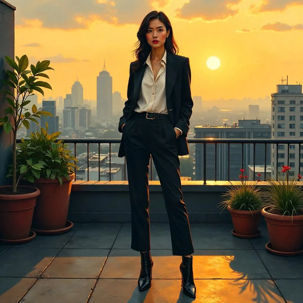 Stylish Asian Woman on a Rooftop — Oil Painting