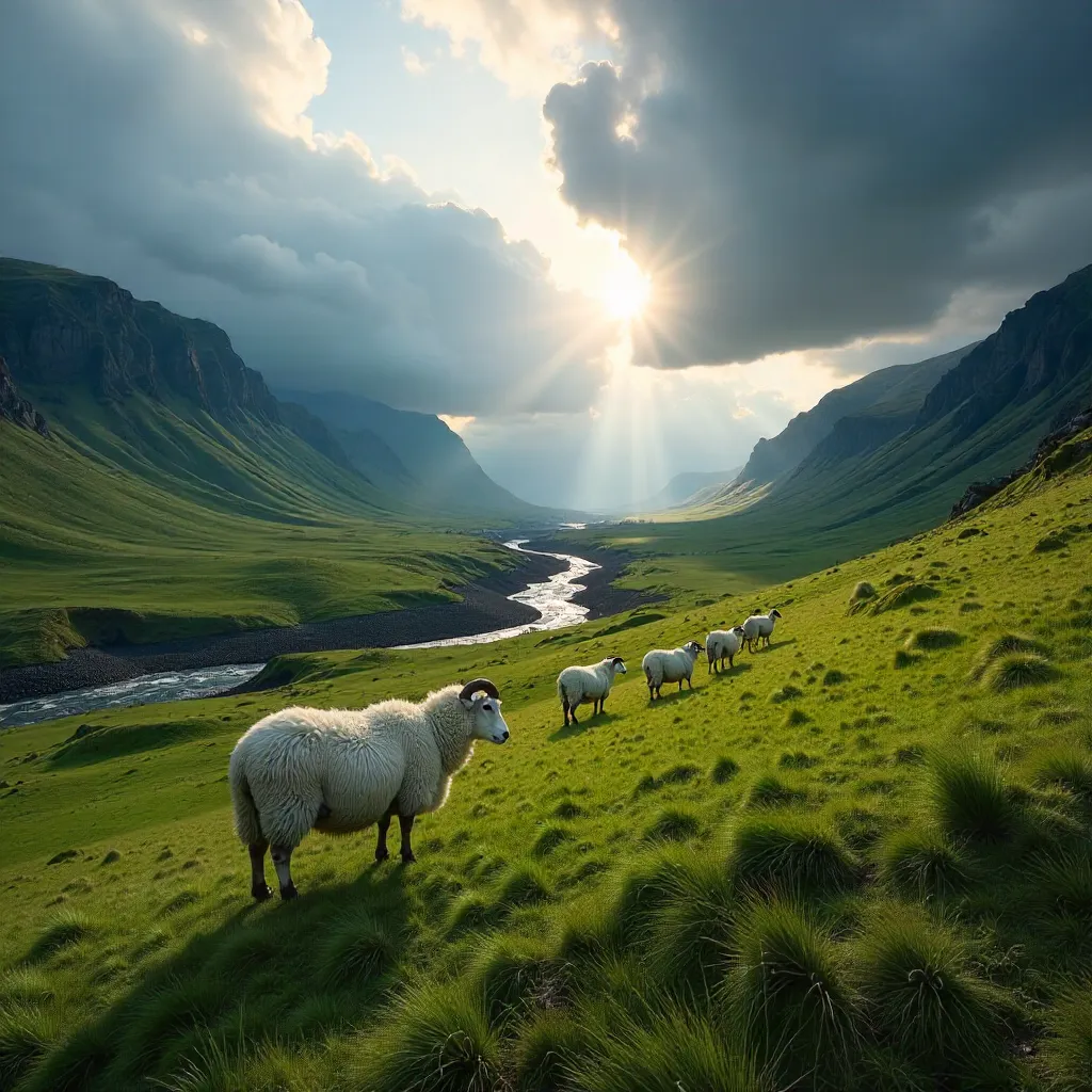 Serene Icelandic Pastures under Dramatic Sky