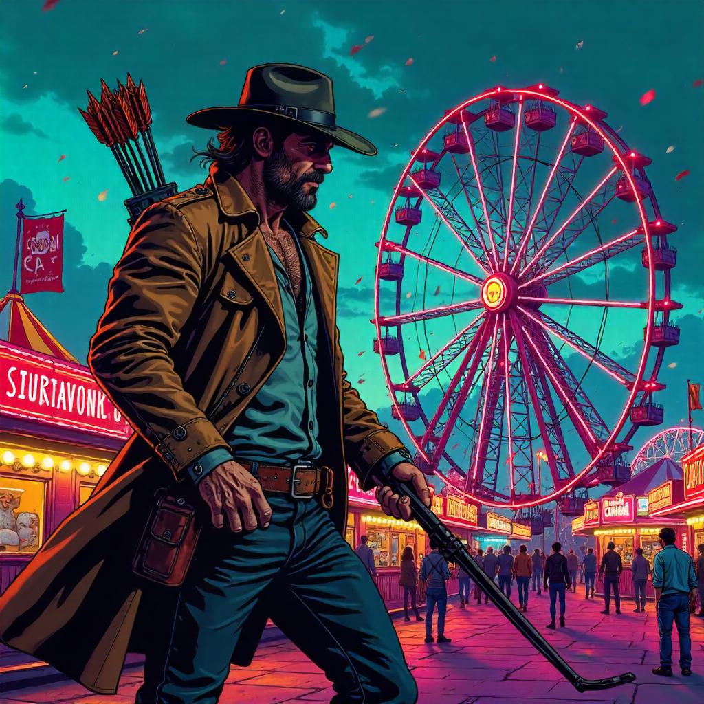 Comic-Book Hunter in a Neon Amusement Park