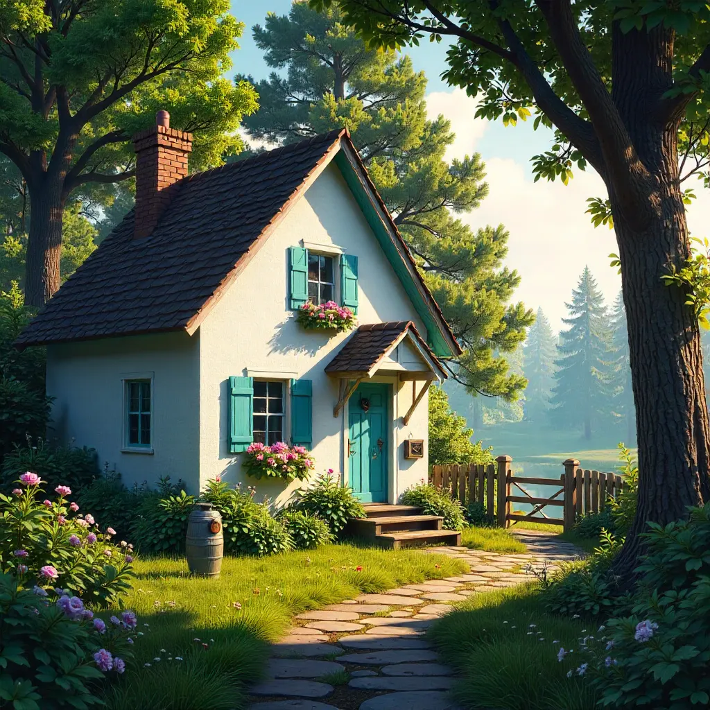 Sunlit White Cottage Among Tall Forest Trees