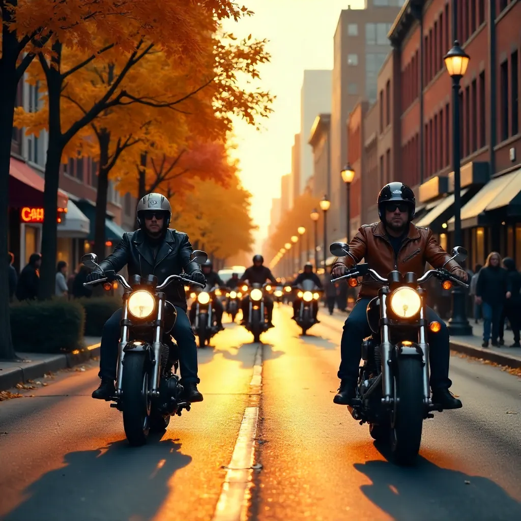 Autumn Motorcyclists on a Warm Urban Street