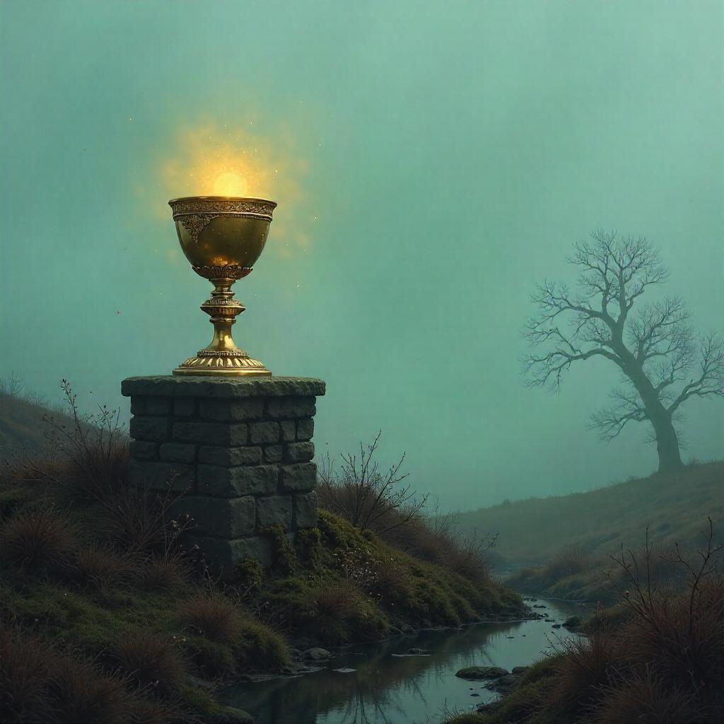 Golden Chalice Amid Fog on the Moor - Digital Art
