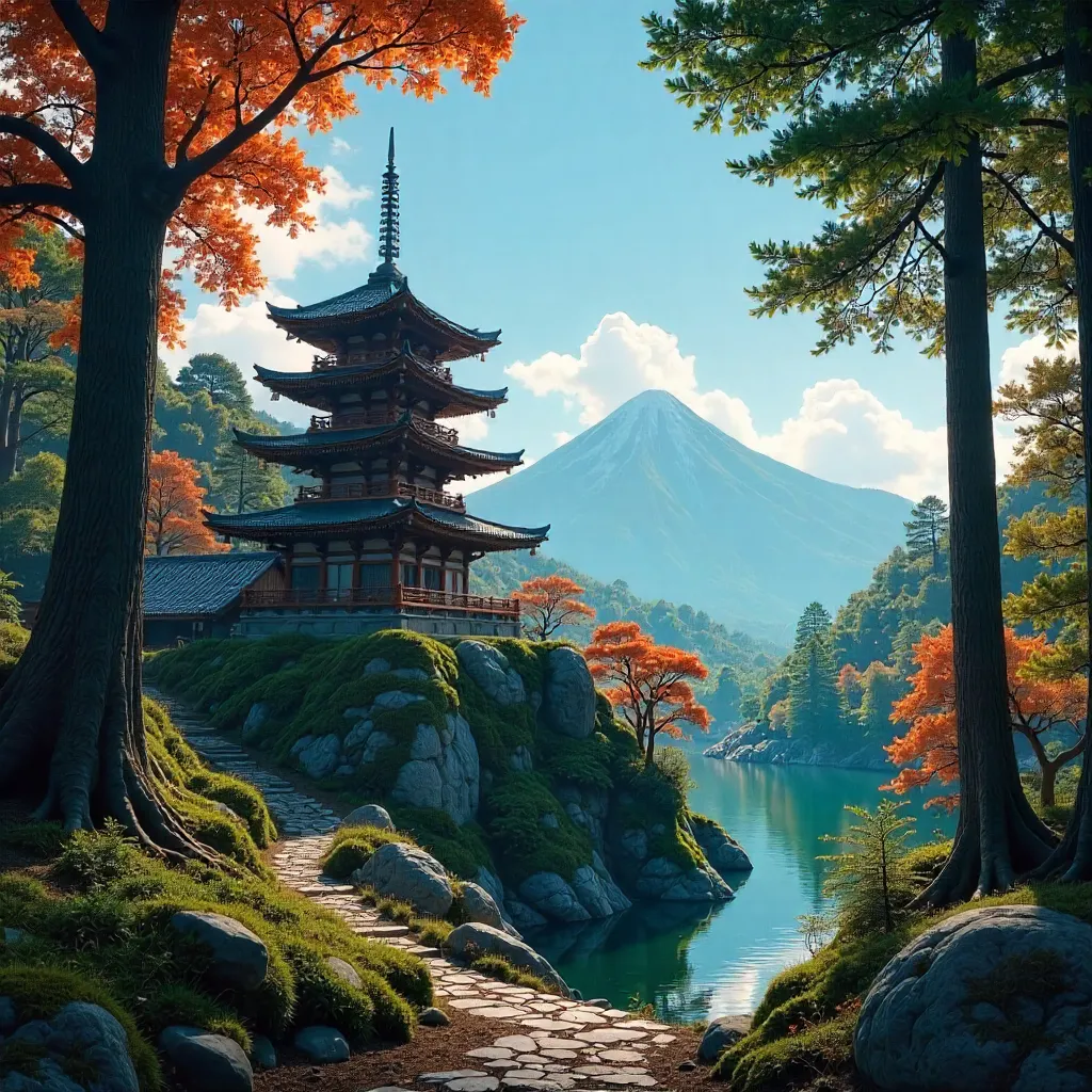 Serene Kyoto Forest and Pagoda Under Clear Sky