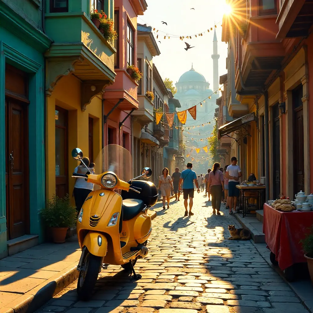 Sunlit Istanbul Street with a Yellow Scooter