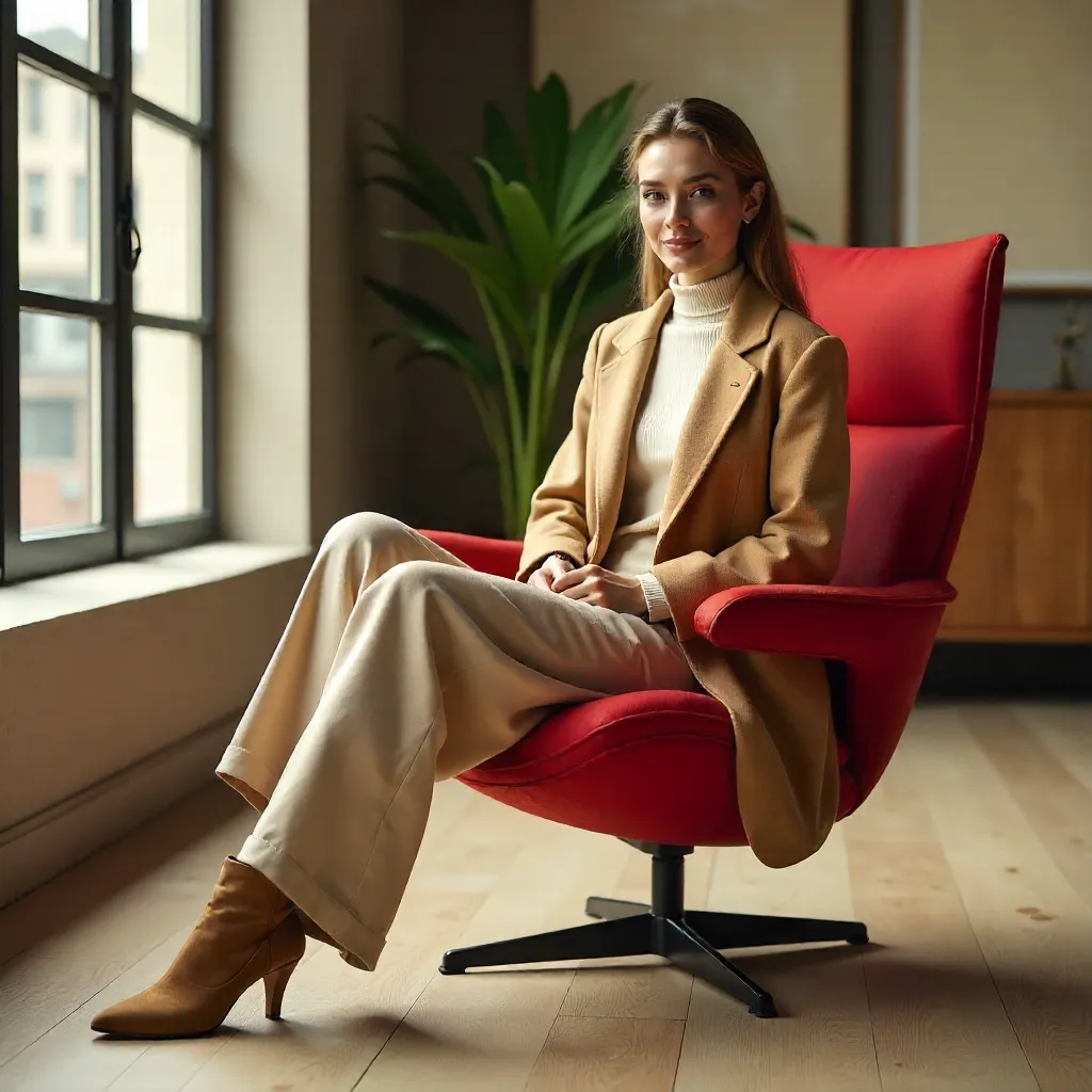 Neutral Elegance: Woman on a Modern Red Chair