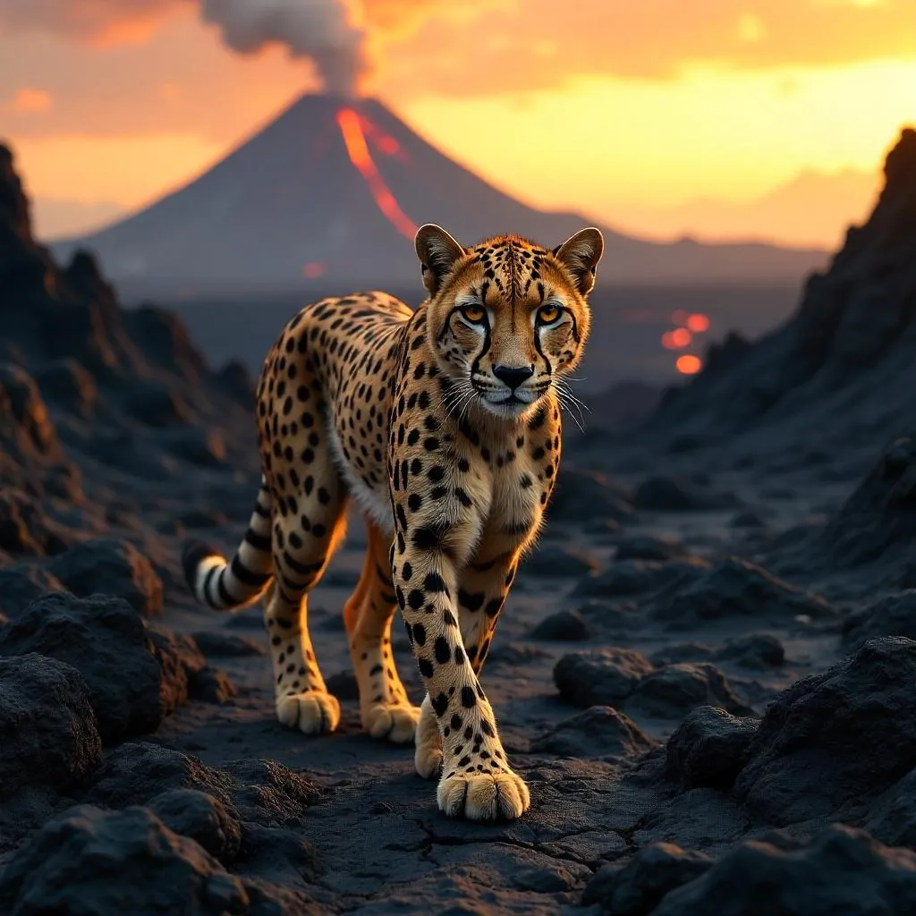 Photorealistic Cheetah in Volcanic Landscape
