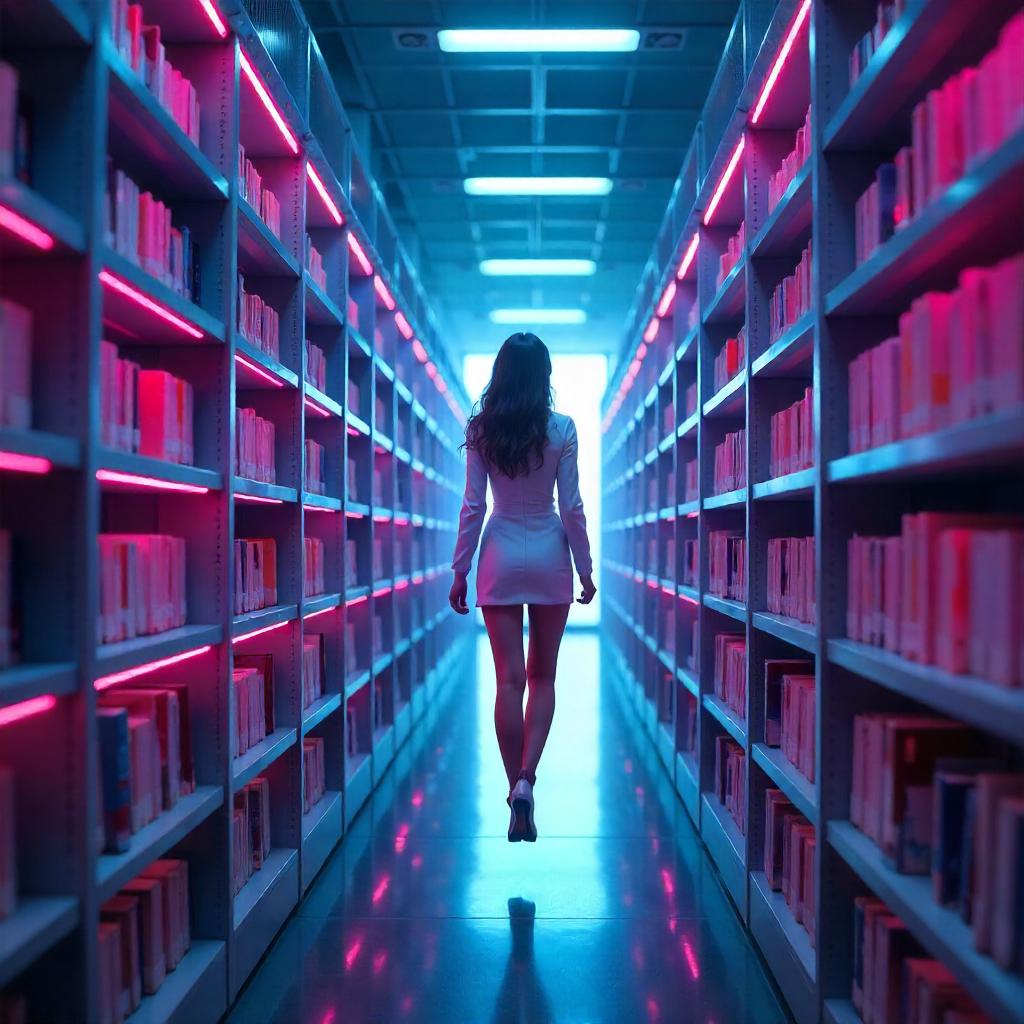 Zero-Gravity Librarian in a Neon Digital Library