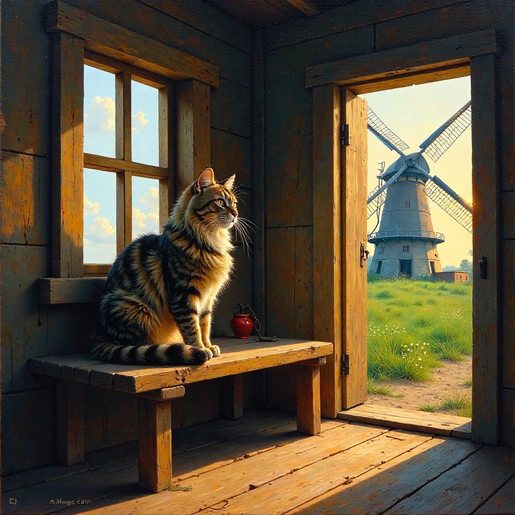 Cat in an Old Windmill: An Oil Painting