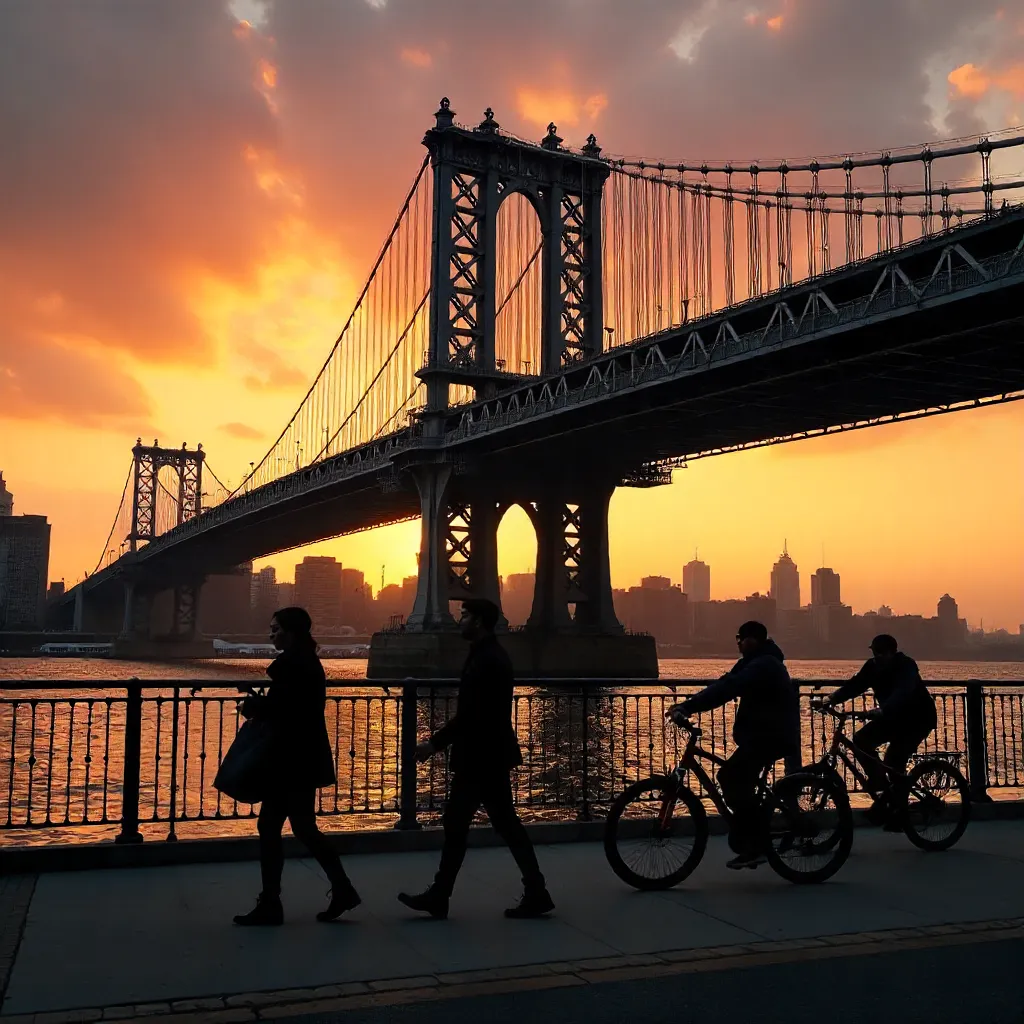 Silhouetted Pedestrians and Cyclist by Manhattan Bridge