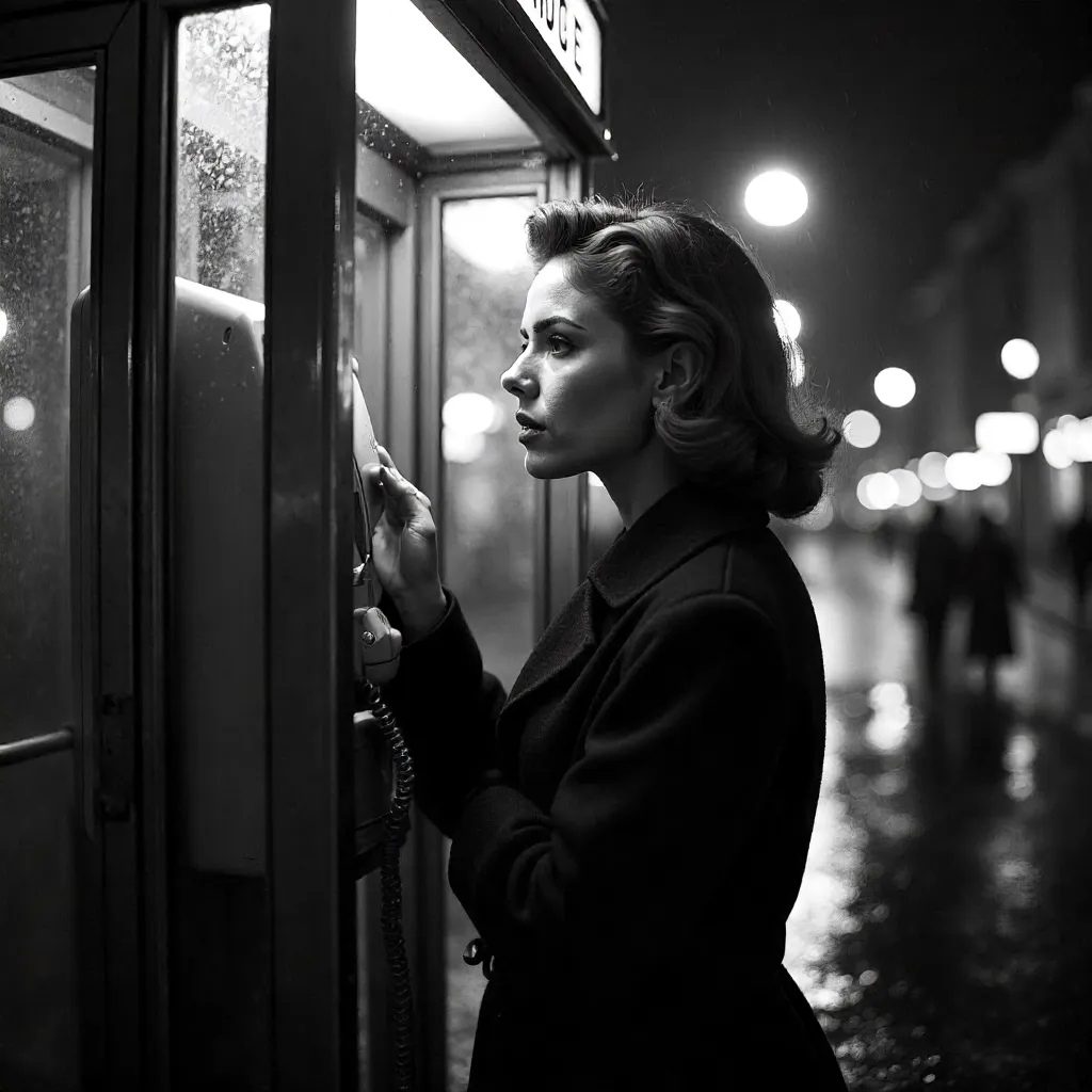 Nostalgic Black-and-White Phone Booth Moment