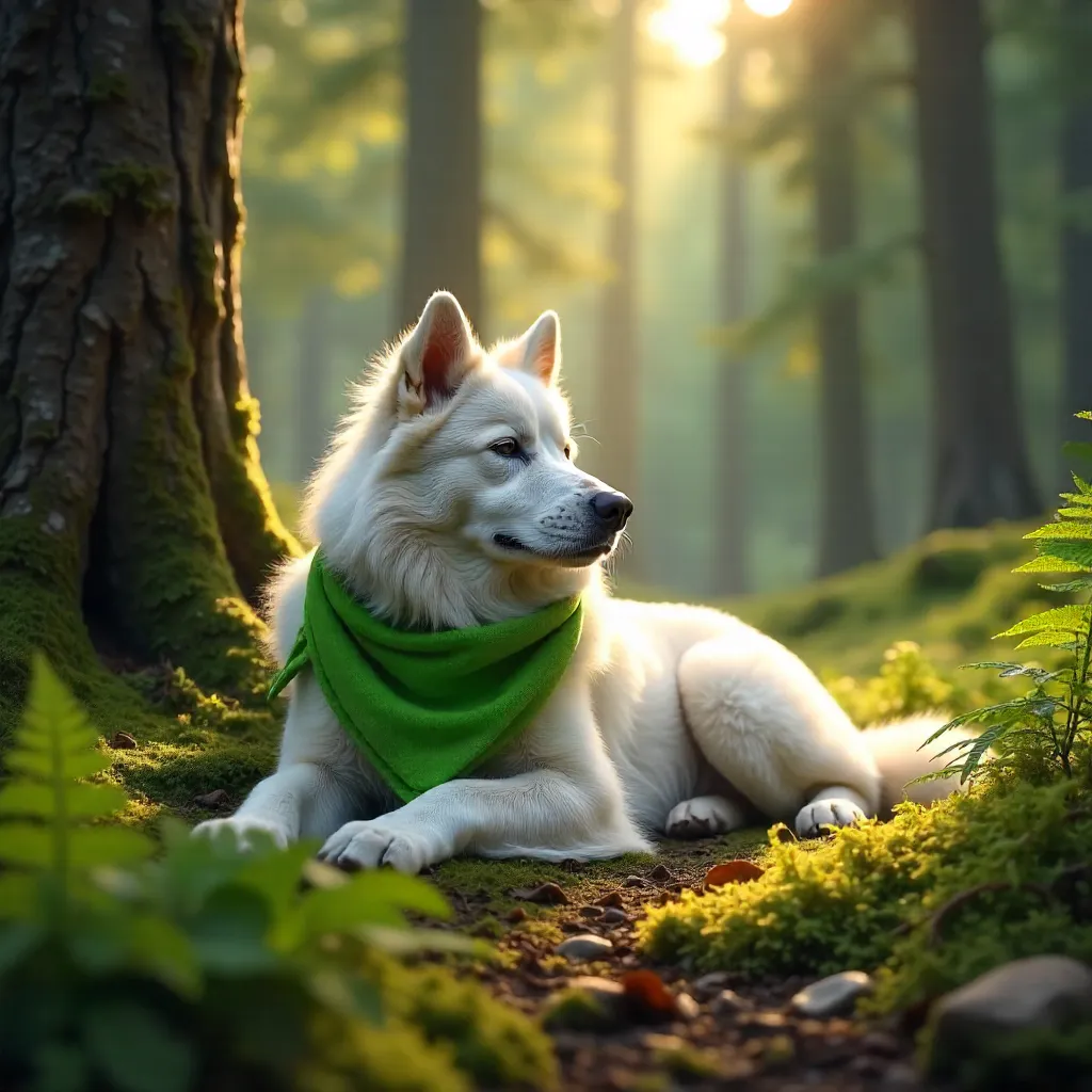 Sunlit Forest Glade: White Dog in a Green Scarf