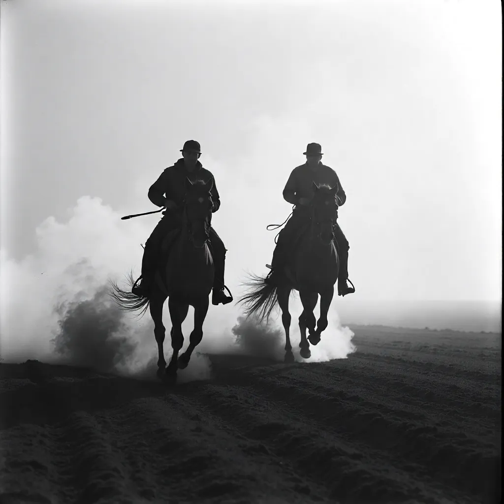 Galloping Silhouettes on a Misty Plain