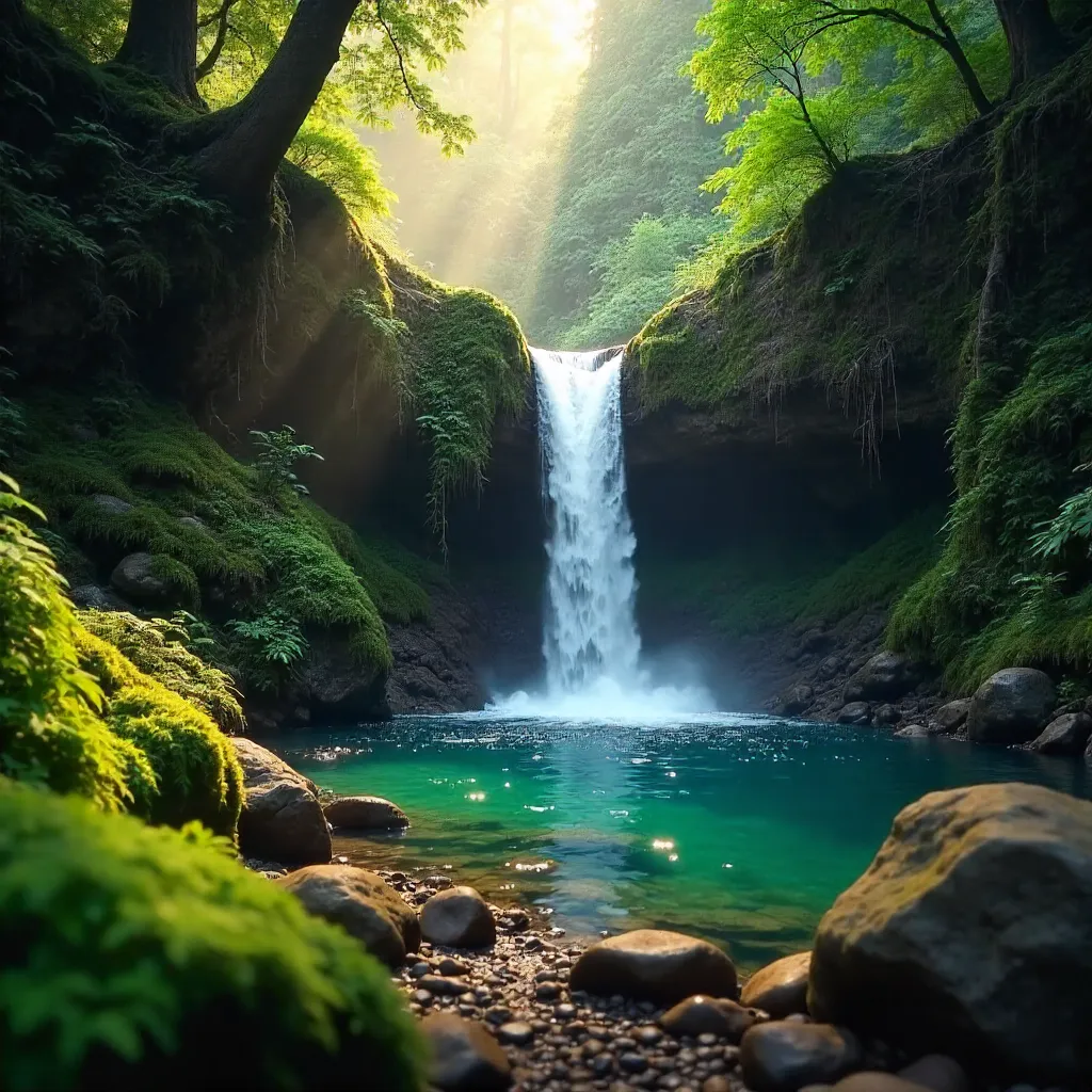 Hidden Waterfall Cascading Through a Lush Forest in Natural Light