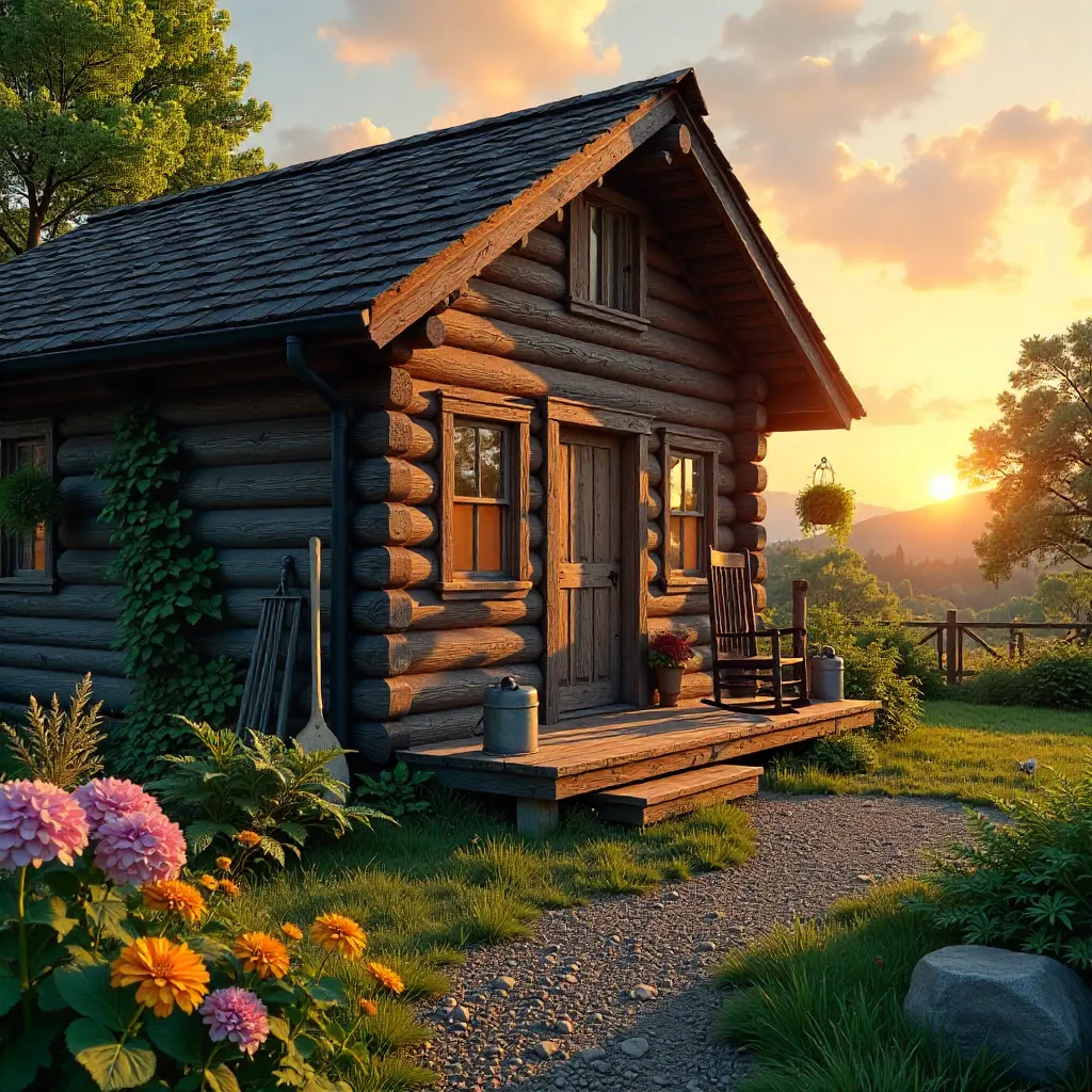 Sunset Serenity: Charming Log Cabin Exterior
