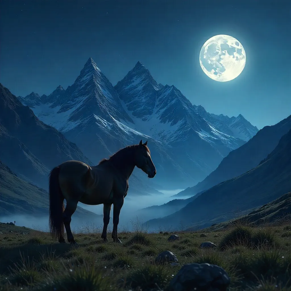 Moonlit Solitude: Horse by the Mountain Backdrop