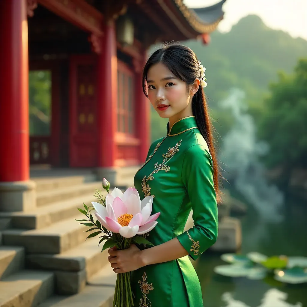 Graceful Ao Dai by the Vietnamese Pagoda