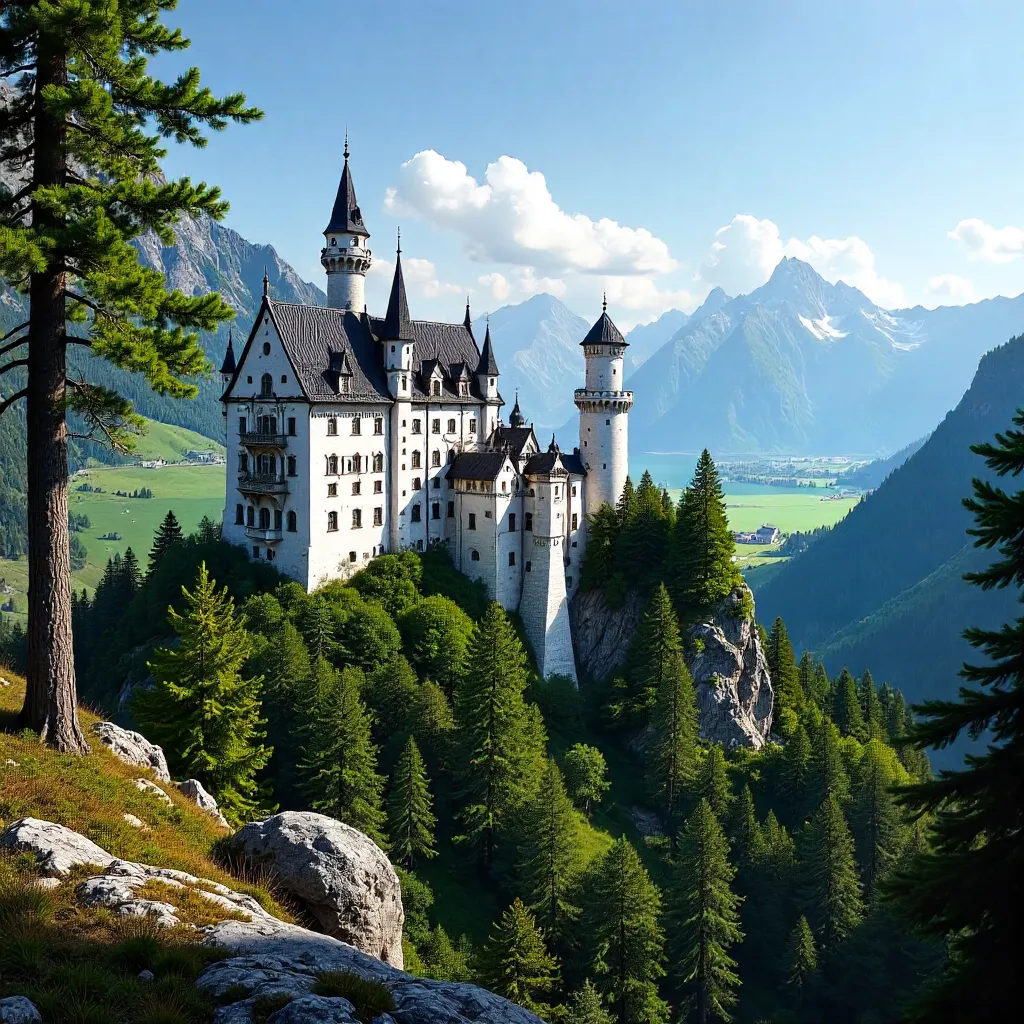 Neuschwanstein Castle in Alpine Panorama