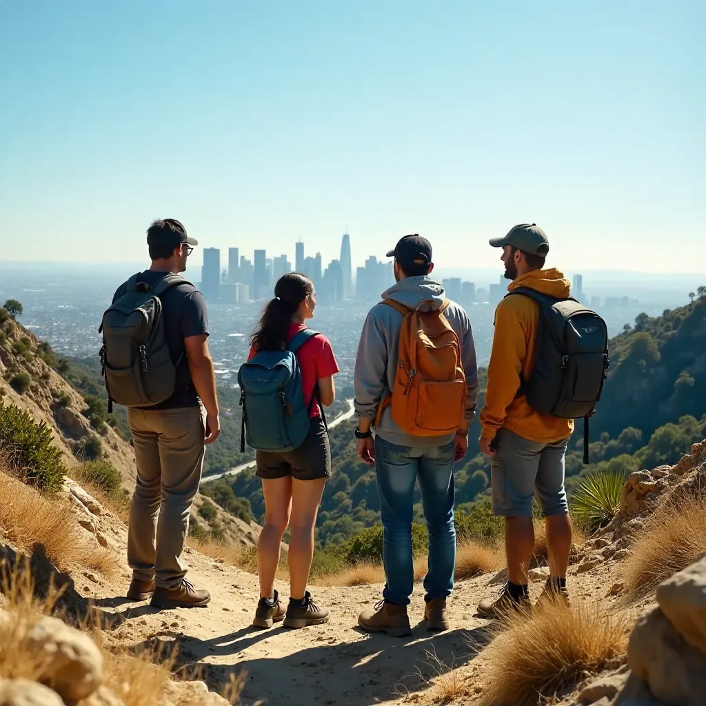 Four Hikers Overlooking the LA Skyline on a Sunny Trail