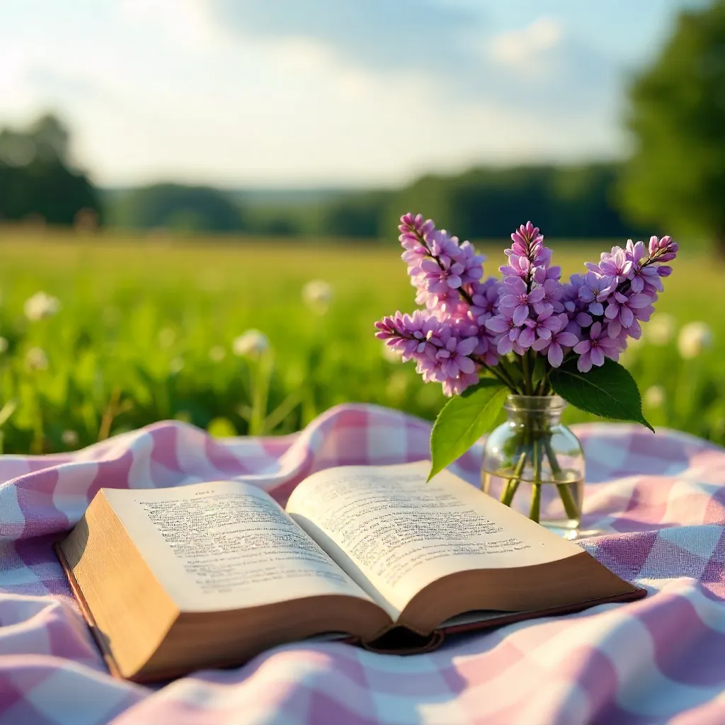 Lilac Picnic: Open Book on a Serene Meadow