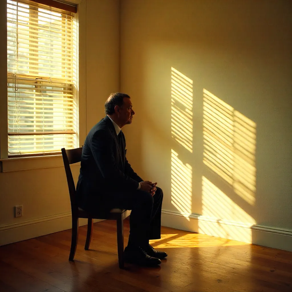 Sunlit Shadows: A Man in Black in a Quiet Room