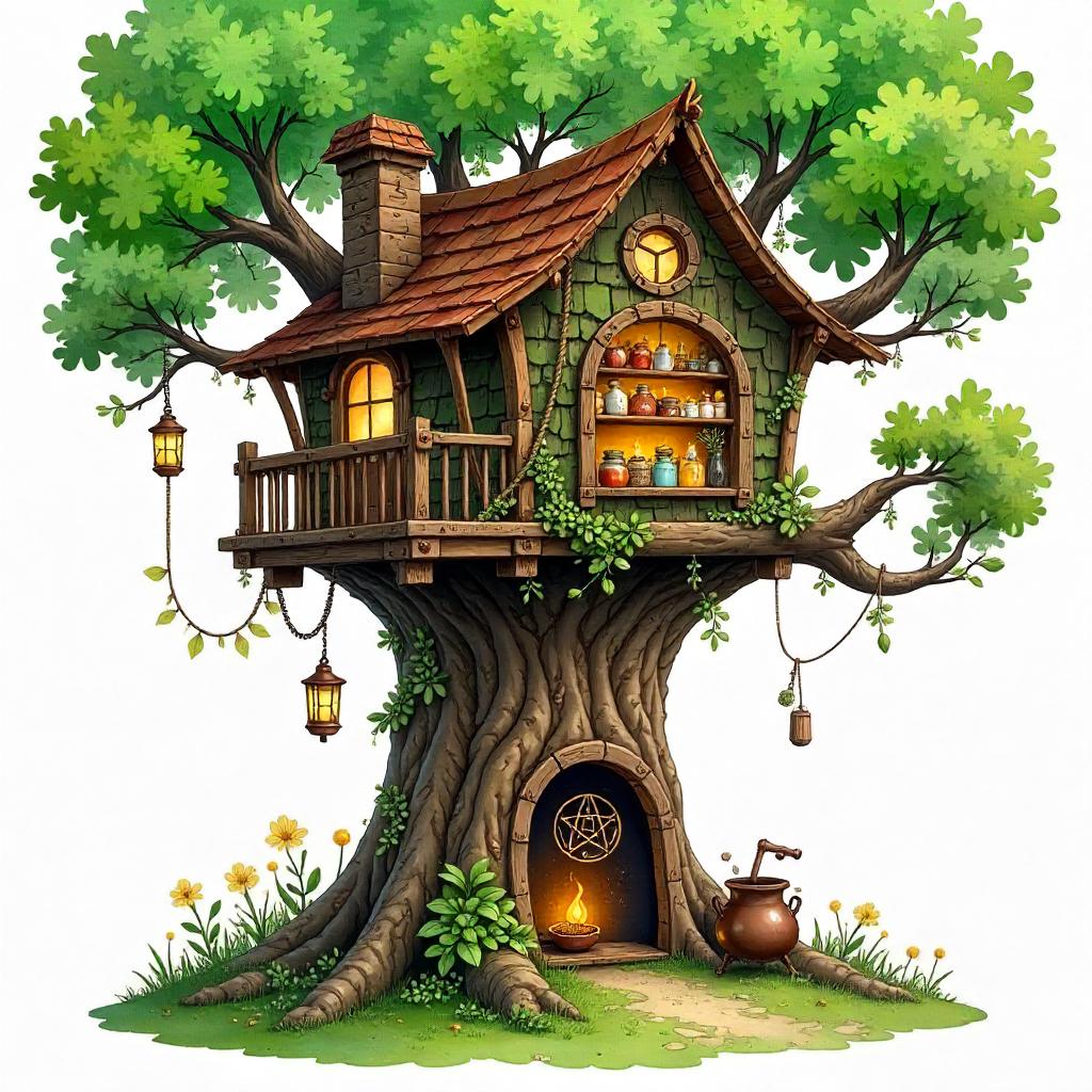 Whimsical Watercolor Treehouse in a Witch's Hut