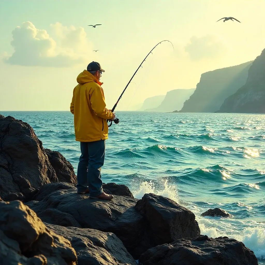 Solitary Angler on Rocky Coast in Yellow Jacket