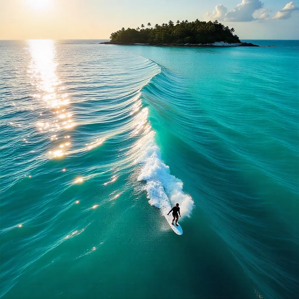 Aerial Surfer over Bright Ocean in Fuvahmulah, Maldives