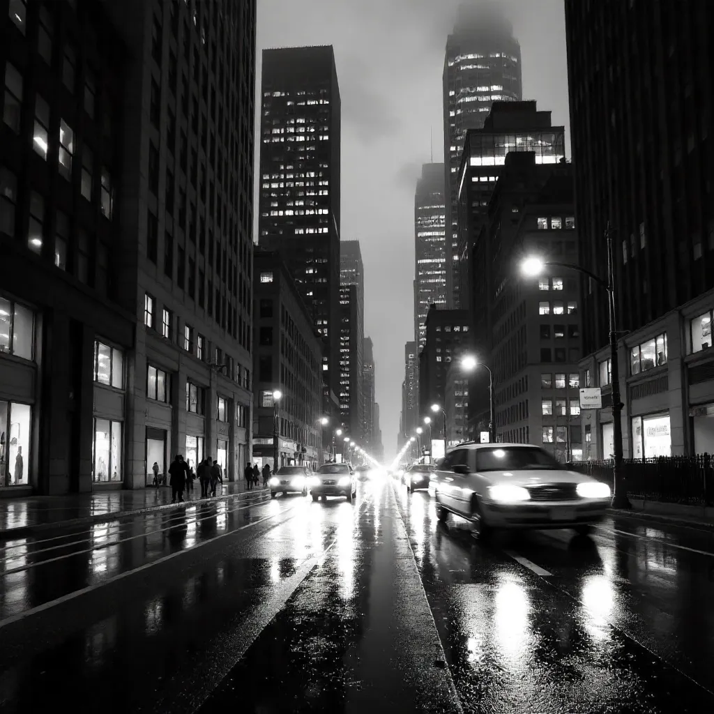 Monochrome Skyline: Skyscrapers and Motion Blur Traffic