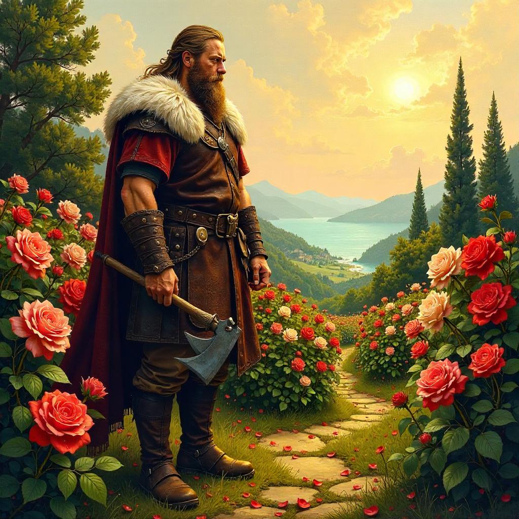 Viking in a Rose Garden: An Oil Painting