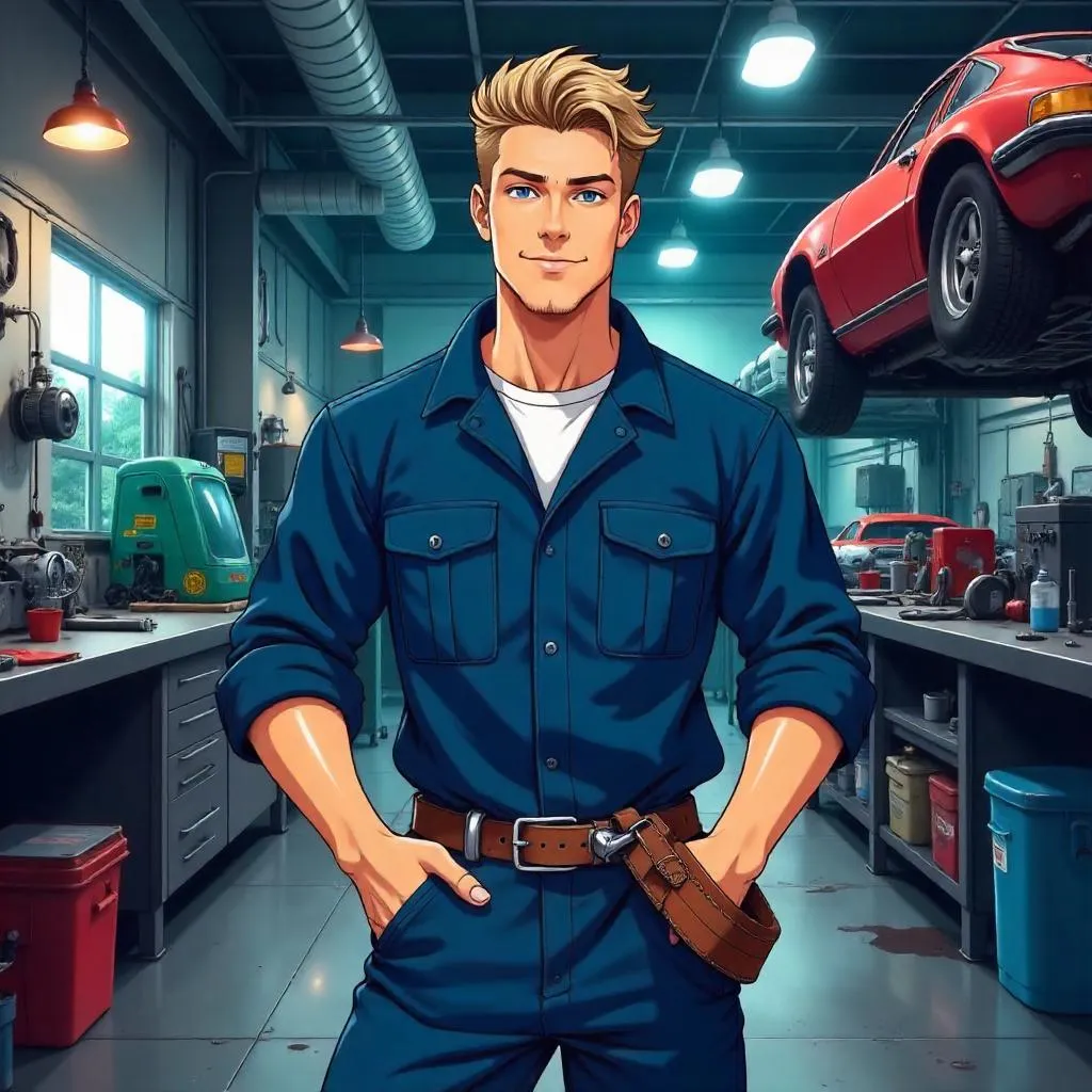 Handsome Anime Mechanic in a Busy Workshop