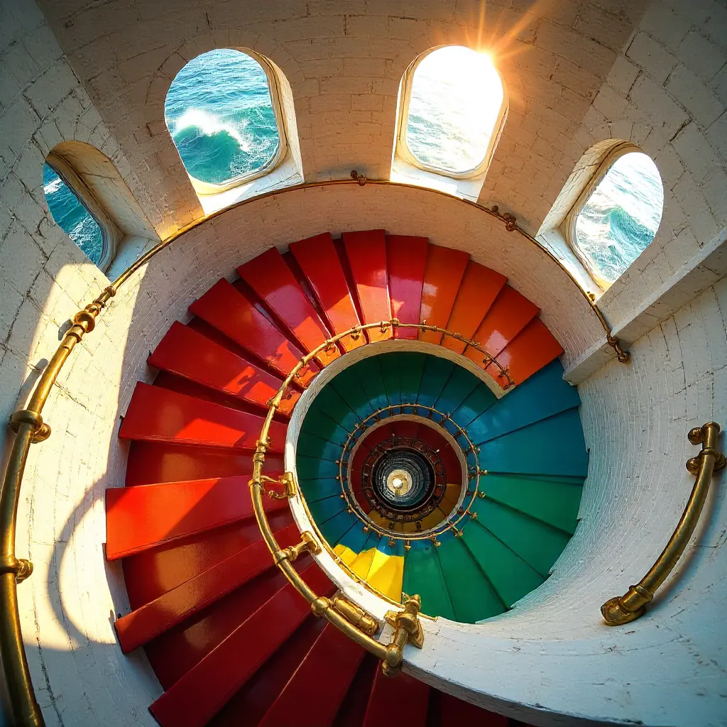 Vibrant Spiral Staircase in a Lighthouse, Seen from Below