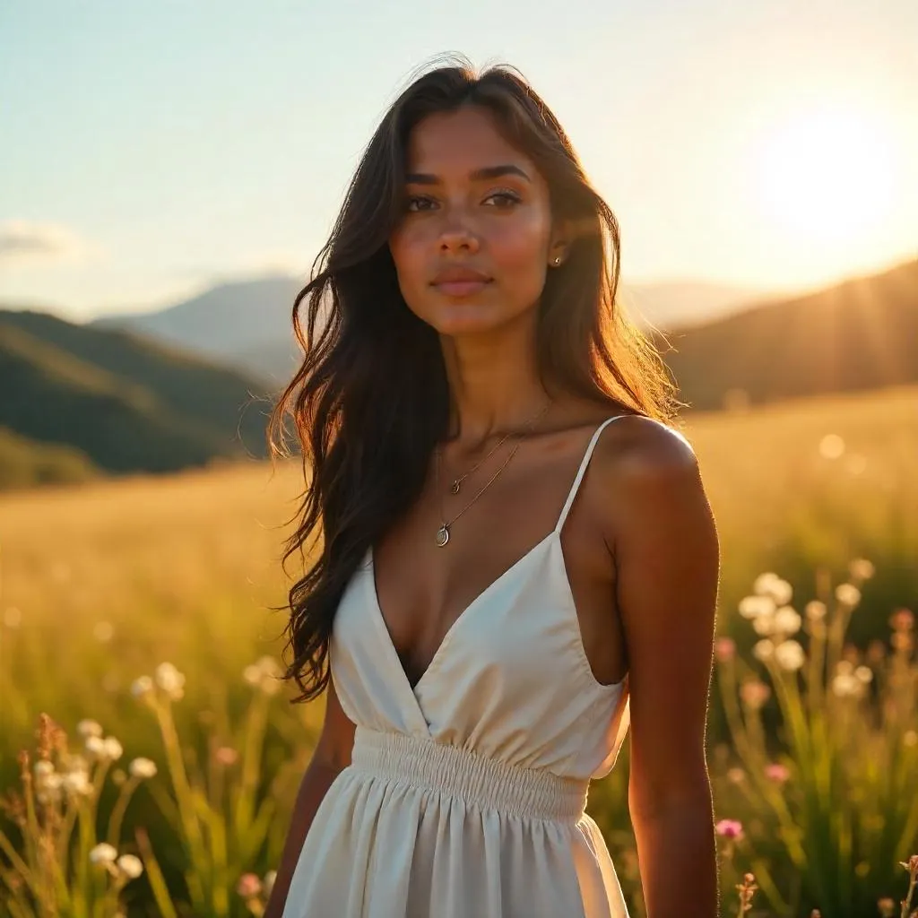 Meadow Radiance: Latina Woman in a Photorealistic Meadow