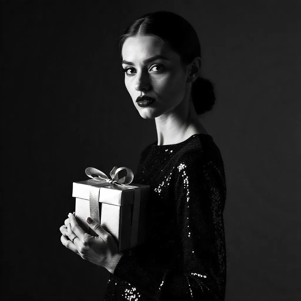 Monochrome Glamour: Sequined Elegance with a Gift