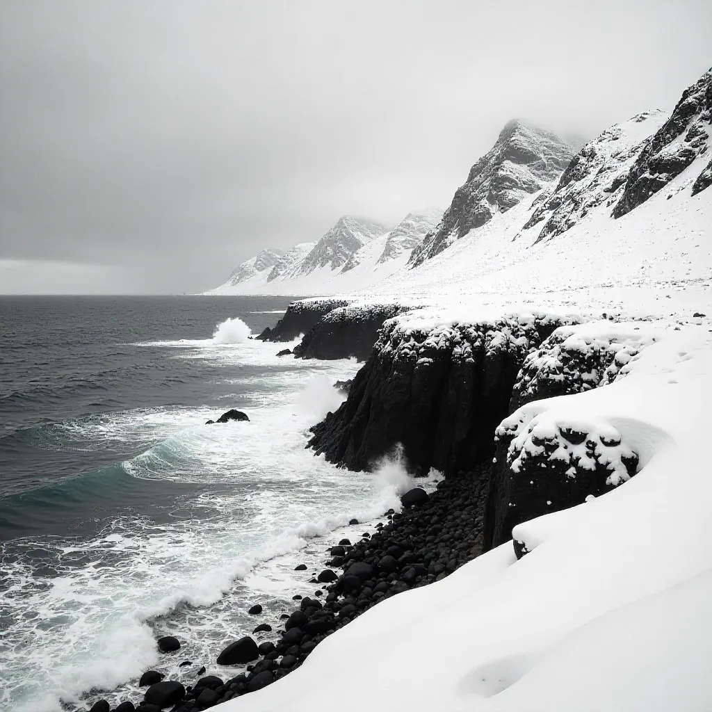 Stark Winter Peaks Over Icy Rocky Shoreline