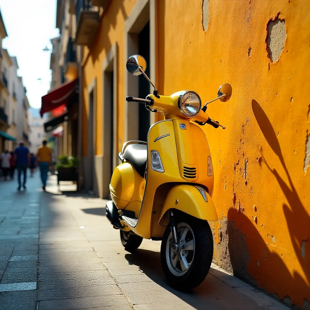 Yellow Scooter by a Vivid Orange City Wall
