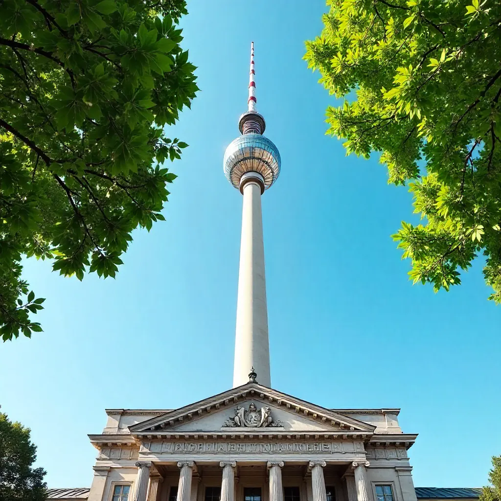 Berlin TV Tower framed by trees and neoclassical architecture