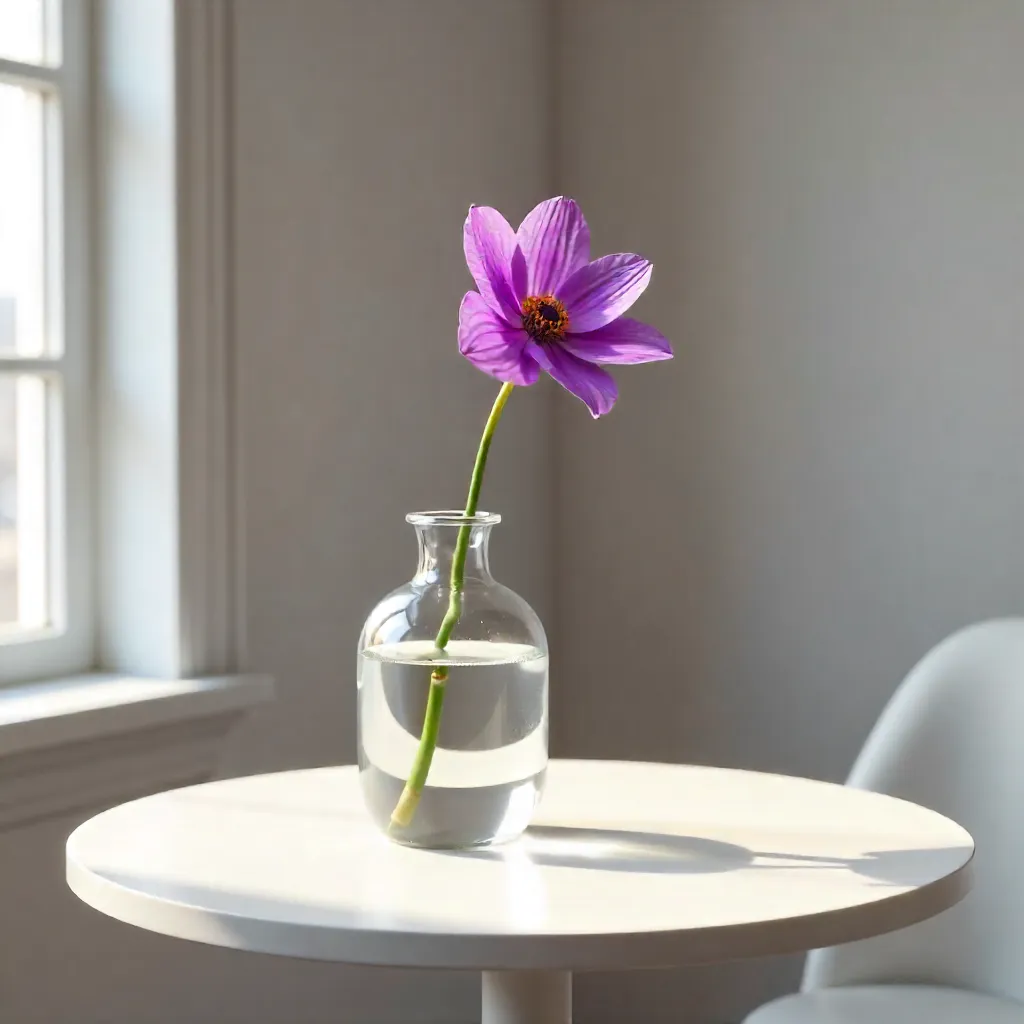 Elegant Purple Flower in a Glass Vase on White Round Table