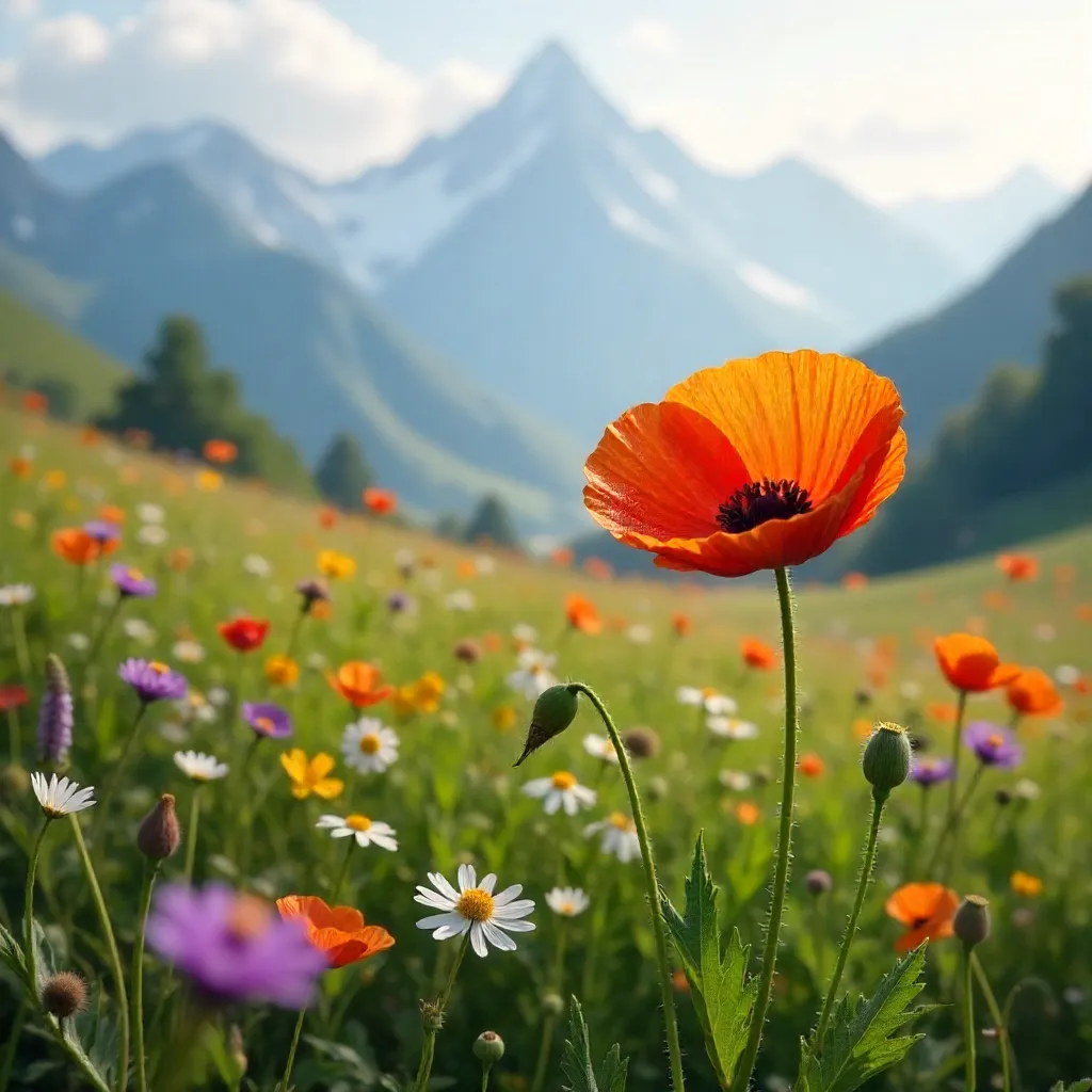 Orange Poppy in a Misty Spring Meadow