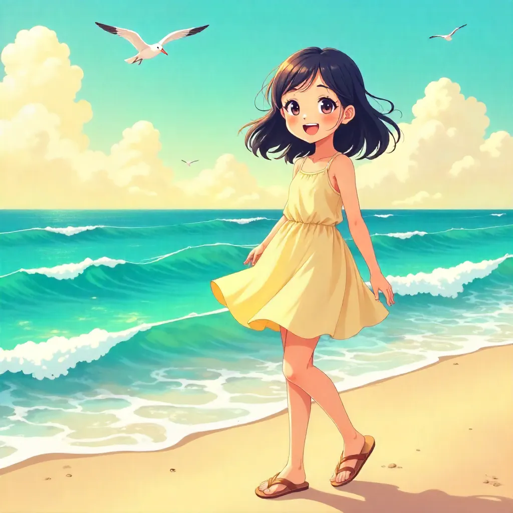 Cheerful Asian Girl by the Ocean — Anime Style