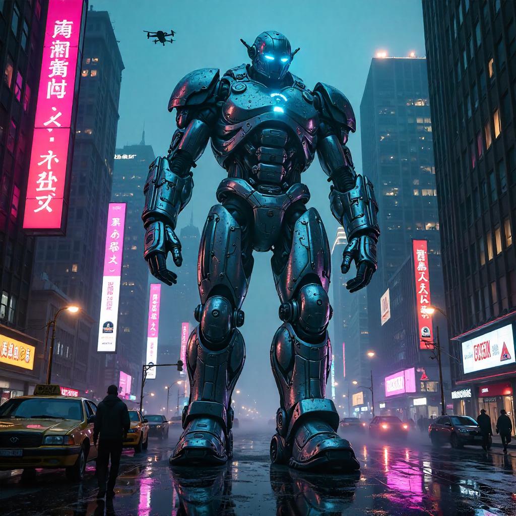 Giant Cyberpunk Colossus in Neon Metropolis