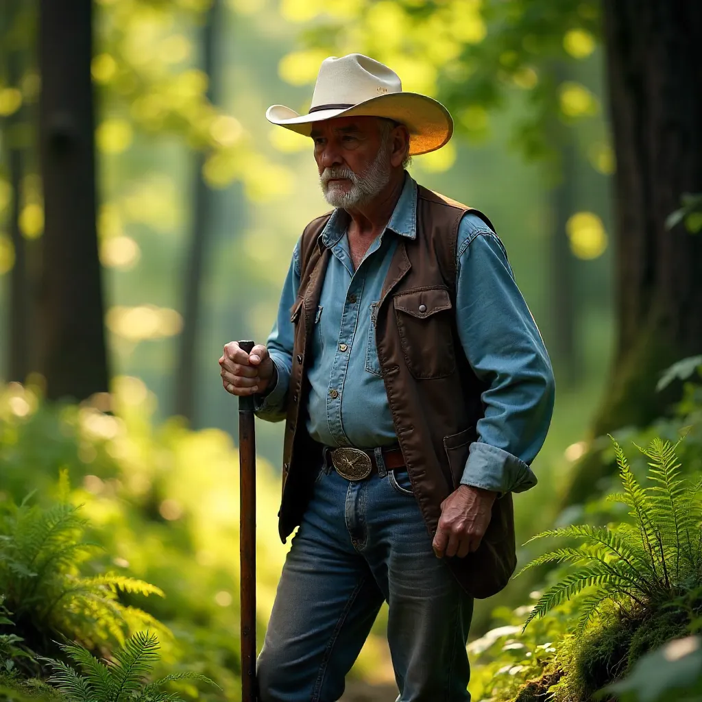 White-Hatted Elder in a Lush Forest