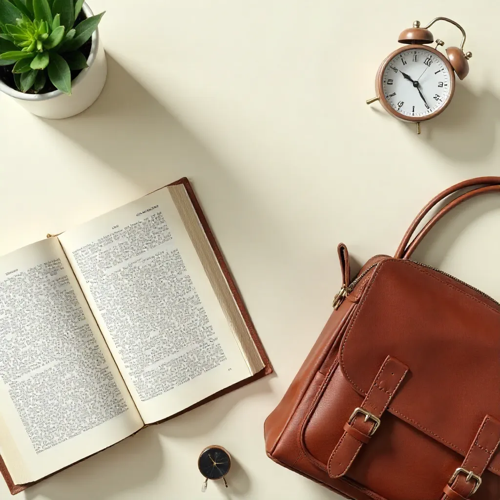 Minimal flat lay: bag, book, and clock