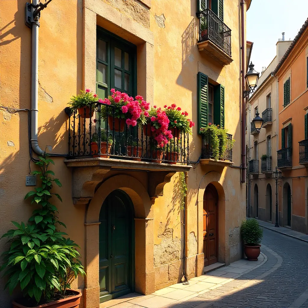 Barcelona Rustic Facade with Verdant Balcony