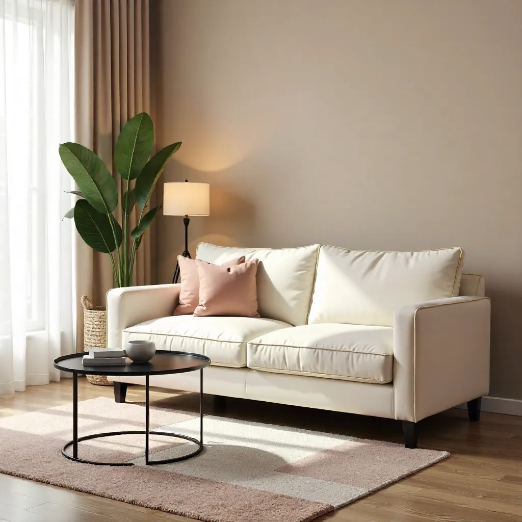 Cream Velvet Sofa with Round Cushion in Modern Living Room
