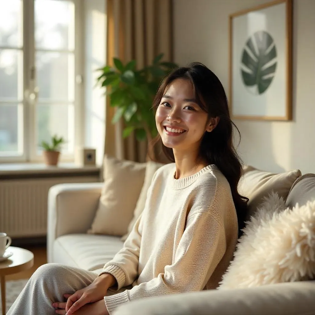 Cheerful Asian Woman in a Cozy Living Room