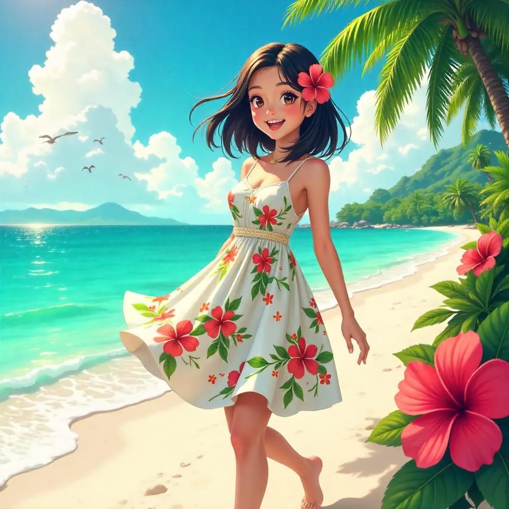 Cheerful Anime Girl in a Tropical Paradise