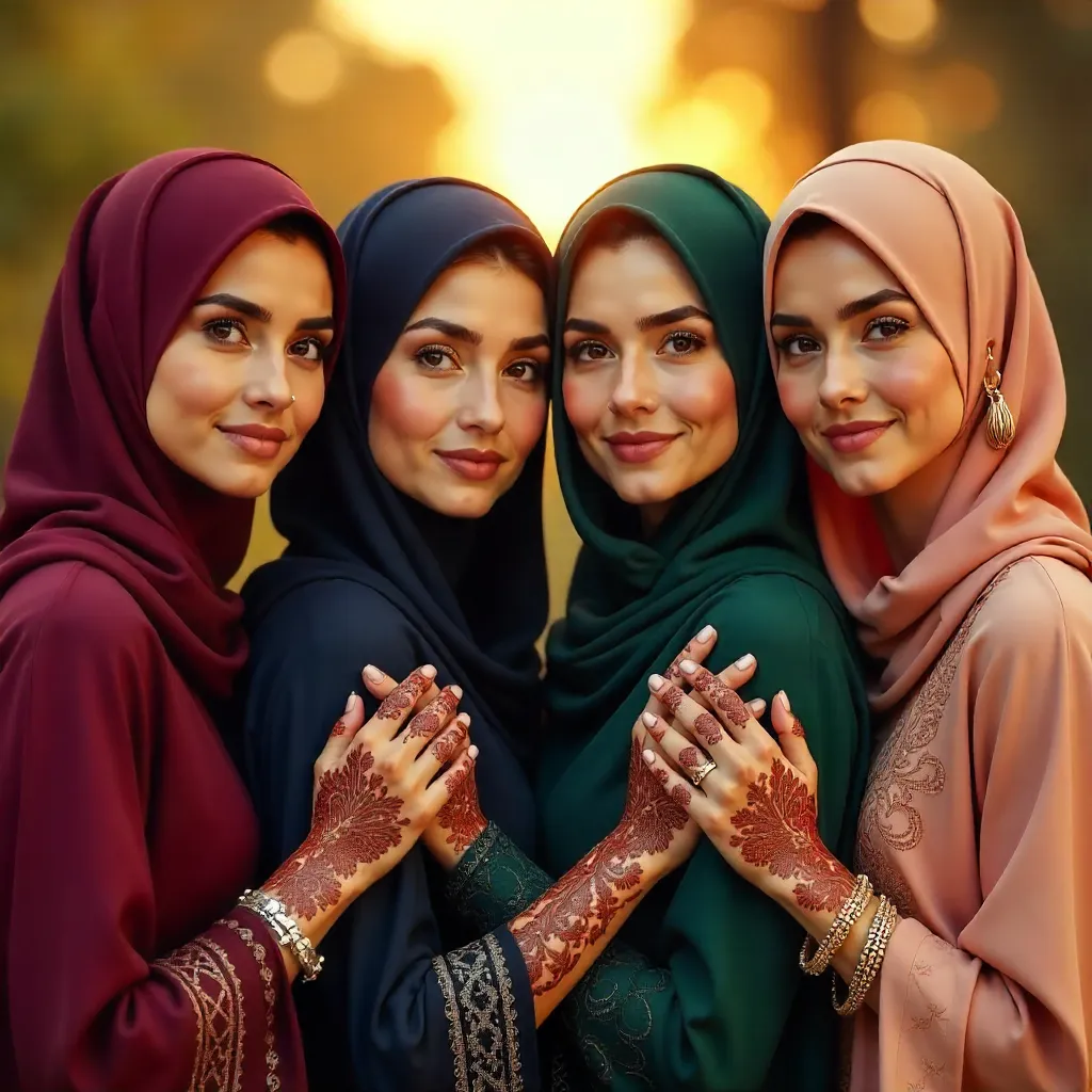Four Hijabi Women with Intricate Henna in Warm Light