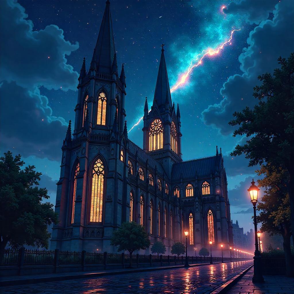 Meteor Shower Over a Gothic Cathedral - Anime Style