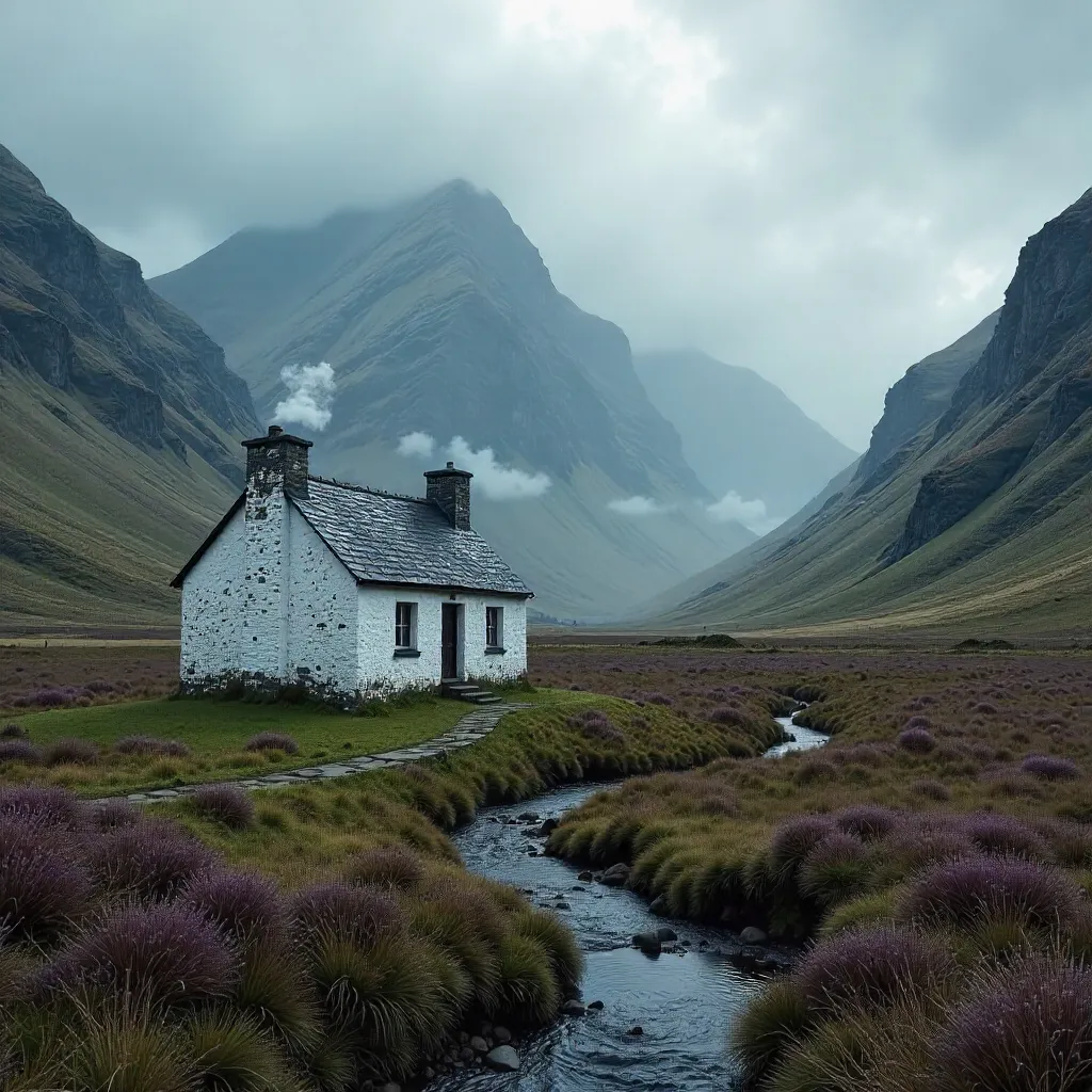 Solitary White Cottage in Glencoe's Cloud-Shrouded Vale