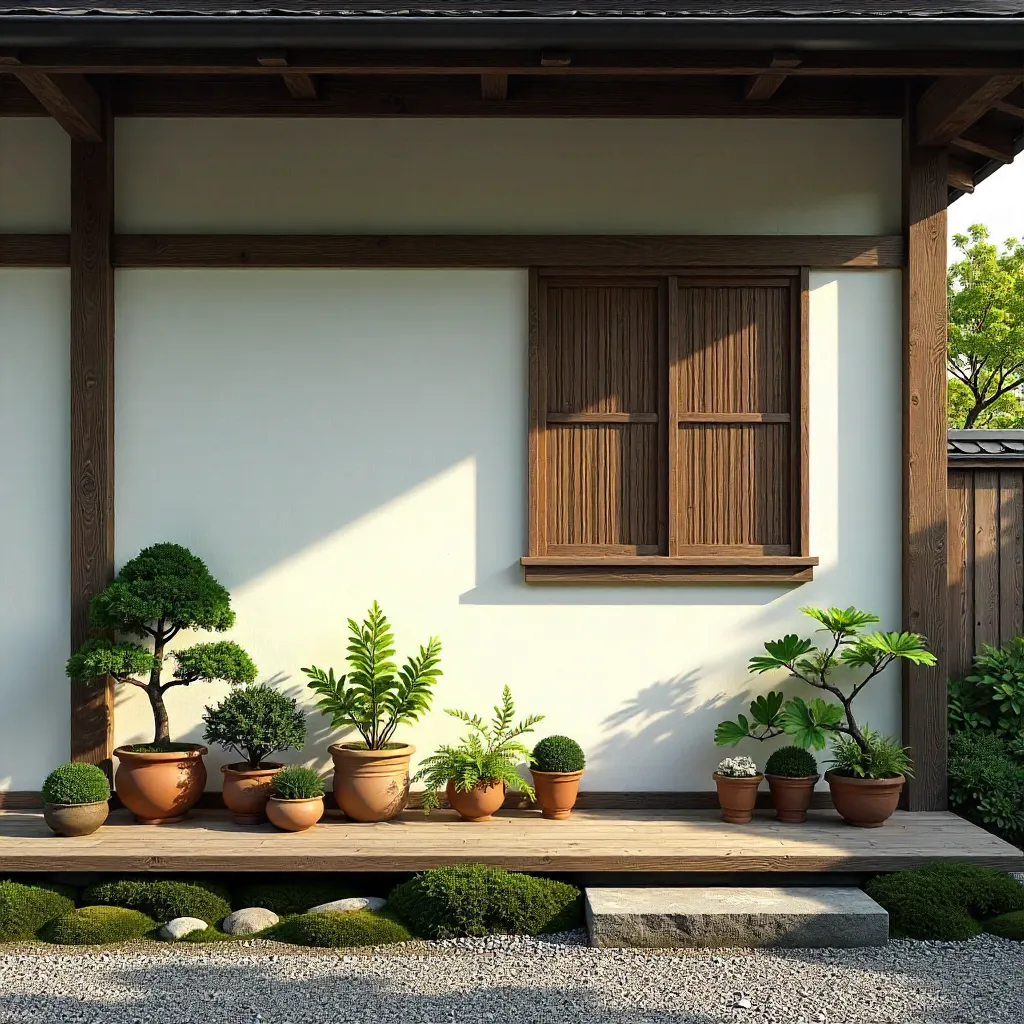 Quiet Japanese House Facade with Potted Plants and Wooden Shutter